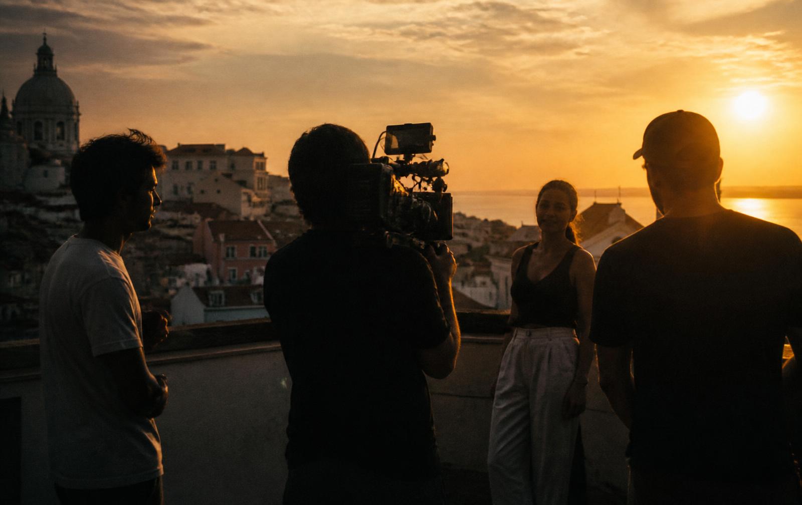 Equipa de filmagem numa cobertura em Lisboa ao pôr do sol